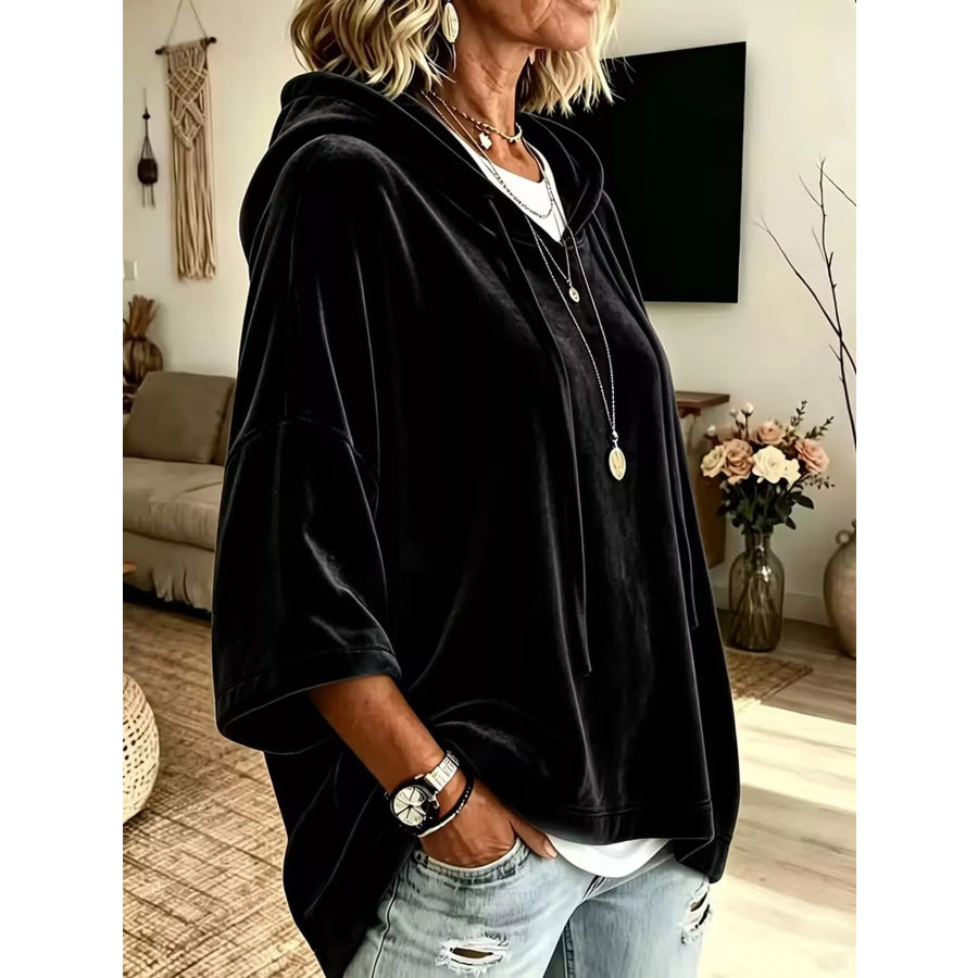 Full Size Velvet Short Sleeve Hoodie Plus Apparel and Accessories