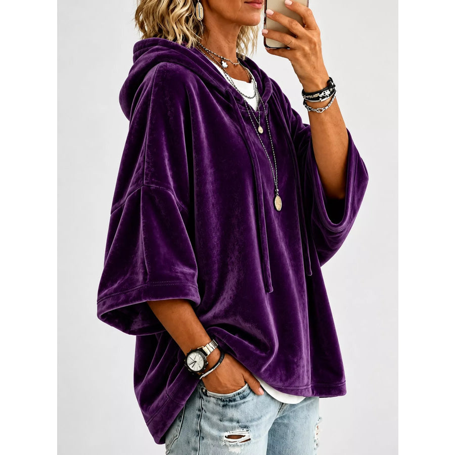 Full Size Velvet Short Sleeve Hoodie Plus Apparel and Accessories
