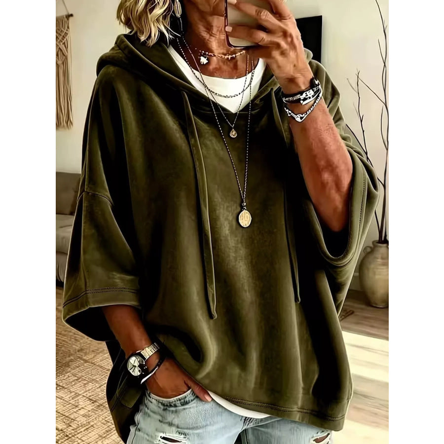Full Size Velvet Short Sleeve Hoodie Plus Army Green / S Apparel and Accessories