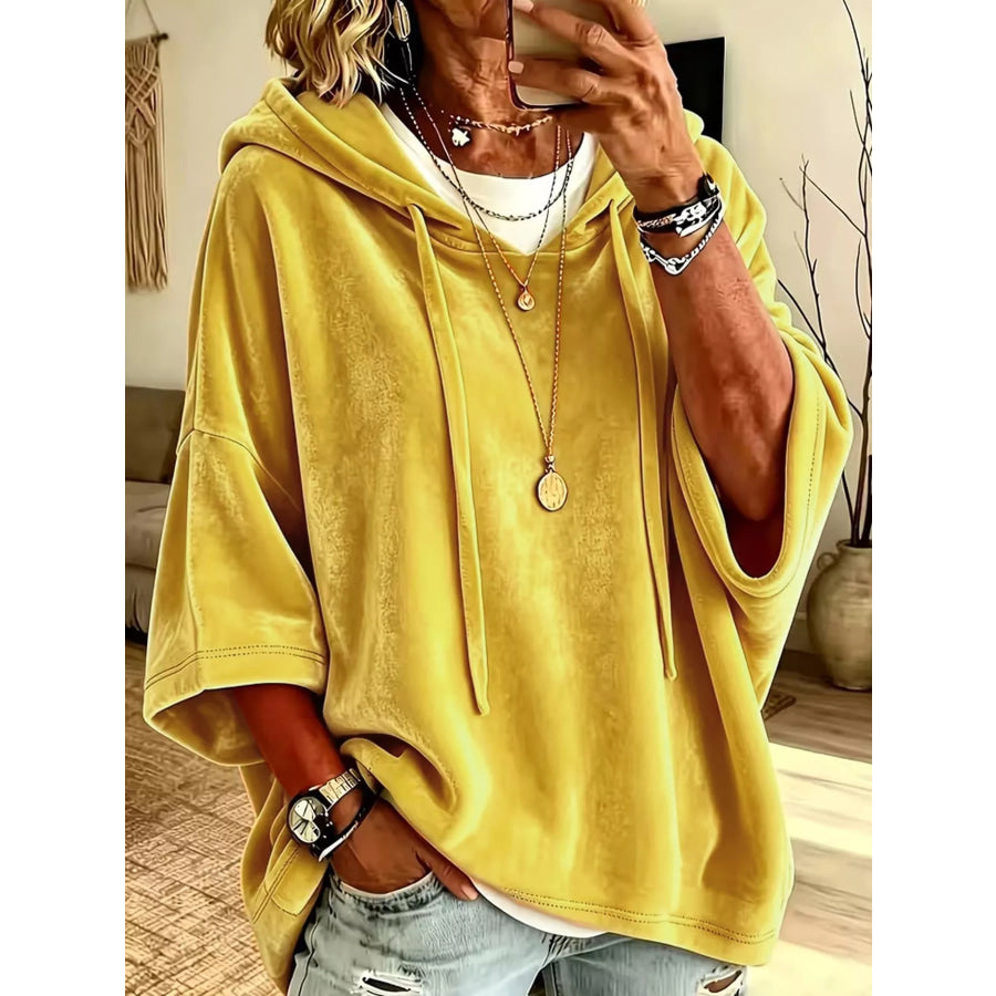 Full Size Velvet Short Sleeve Hoodie Plus Golden / S Apparel and Accessories