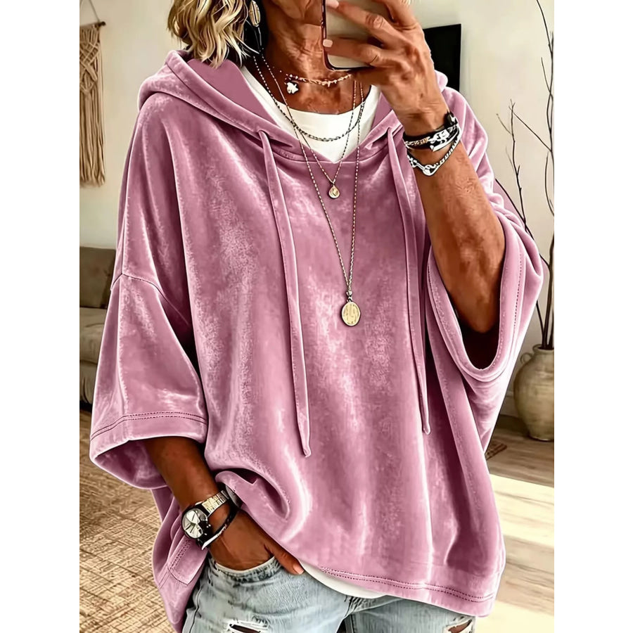 Full Size Velvet Short Sleeve Hoodie Plus Pink / S Apparel and Accessories