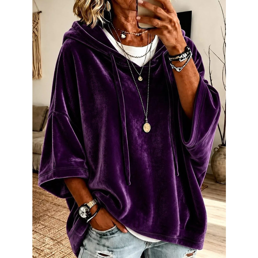 Full Size Velvet Short Sleeve Hoodie Plus Purple / S Apparel and Accessories