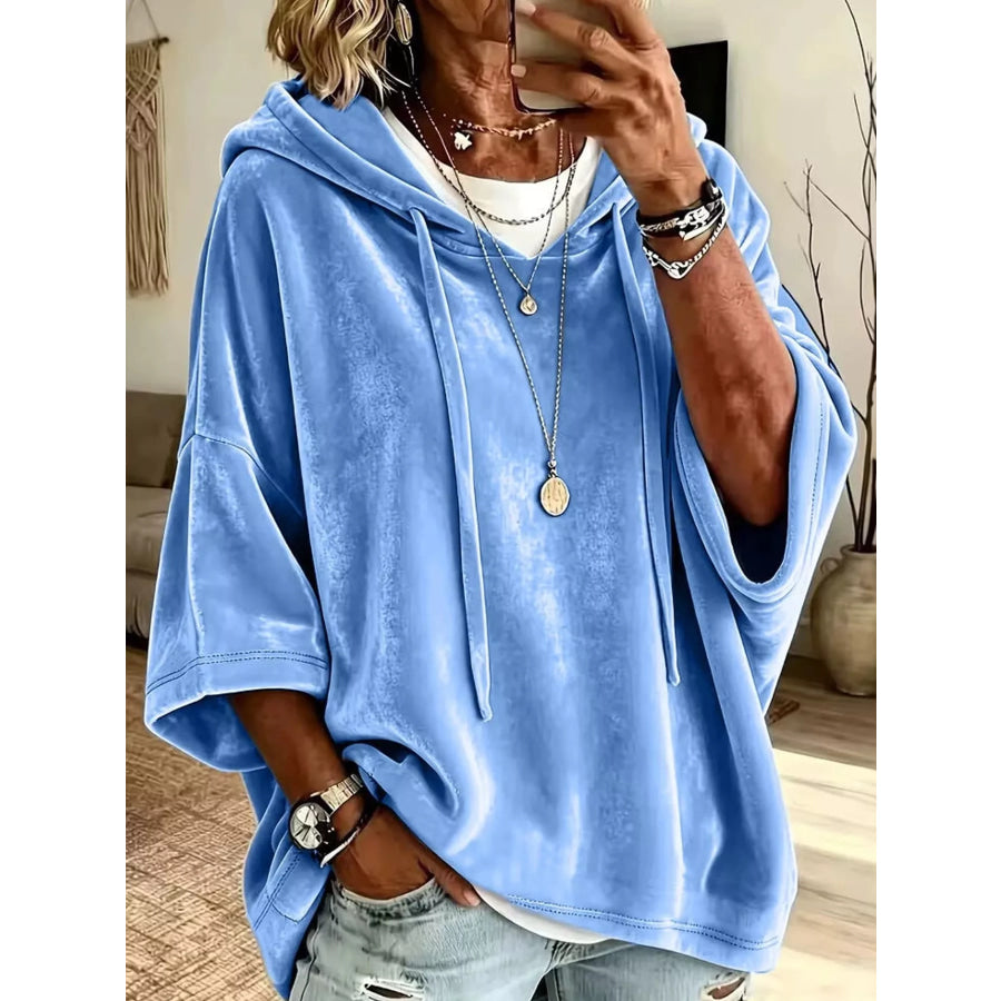 Full Size Velvet Short Sleeve Hoodie Plus Sky Blue / S Apparel and Accessories