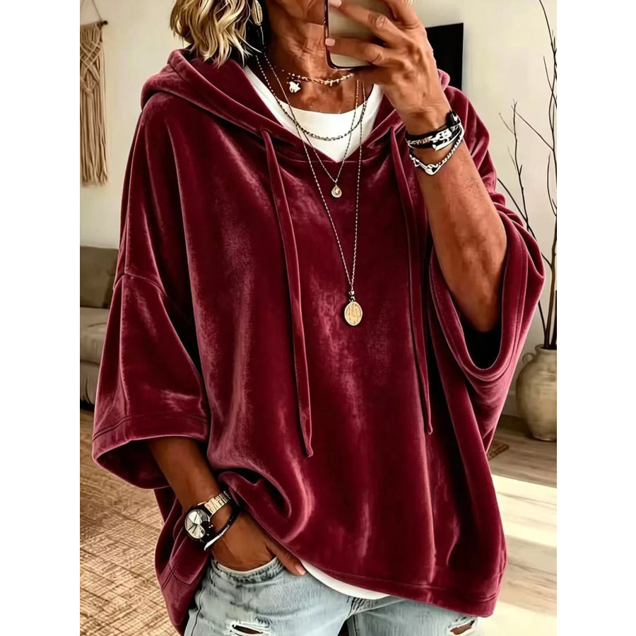 Full Size Velvet Short Sleeve Hoodie Plus Wine Red / S Apparel and Accessories