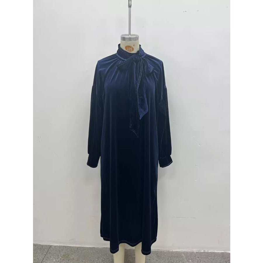 Full Size Velvet Tie-Neck Lantern Sleeve Midi Dress Plus Apparel and Accessories