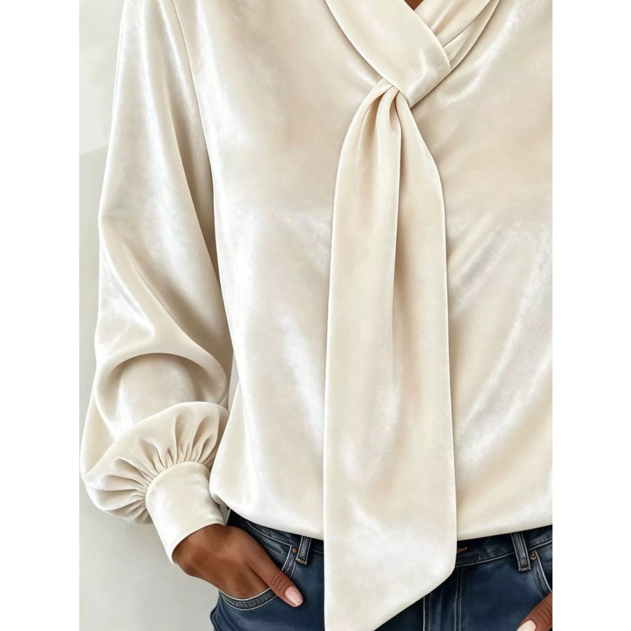 Full Size Velvet Tie-Neck Long Sleeve Blouse Plus Apparel and Accessories