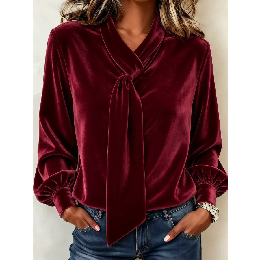 Full Size Velvet Tie-Neck Long Sleeve Blouse Plus Burgundy / S Apparel and Accessories