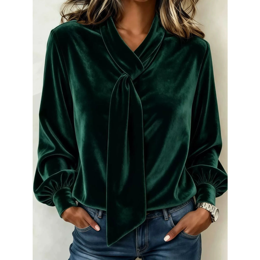 Full Size Velvet Tie-Neck Long Sleeve Blouse Plus Green / S Apparel and Accessories