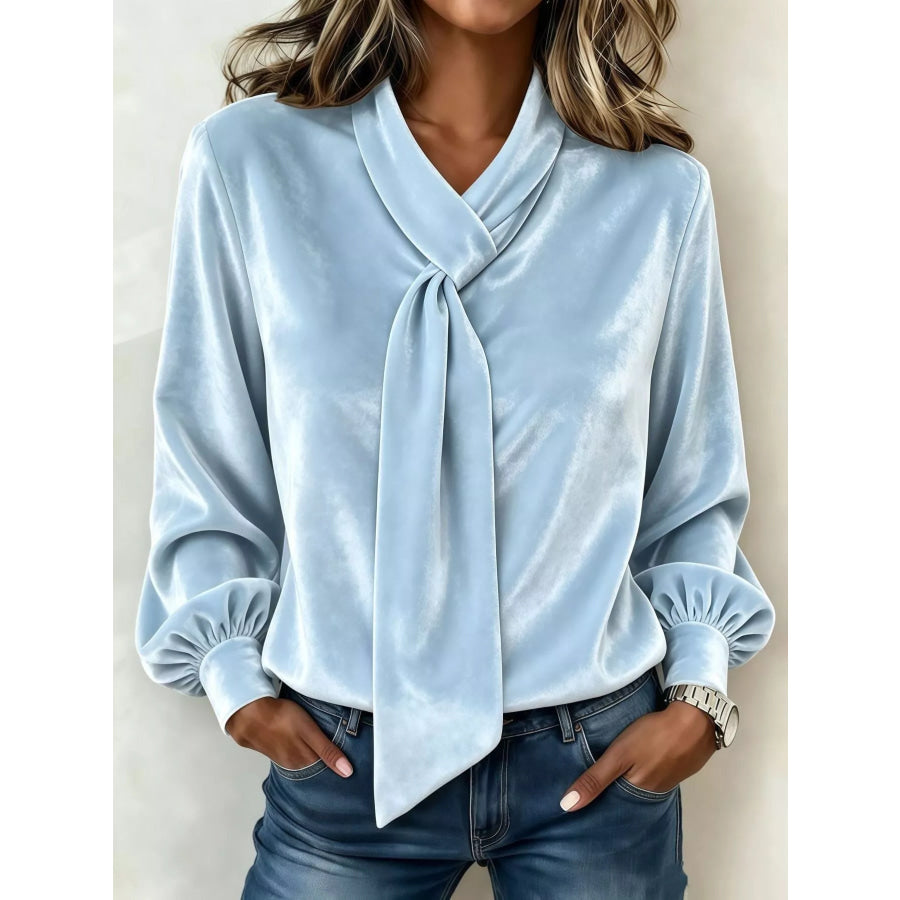 Full Size Velvet Tie-Neck Long Sleeve Blouse Plus Sky Blue / S Apparel and Accessories