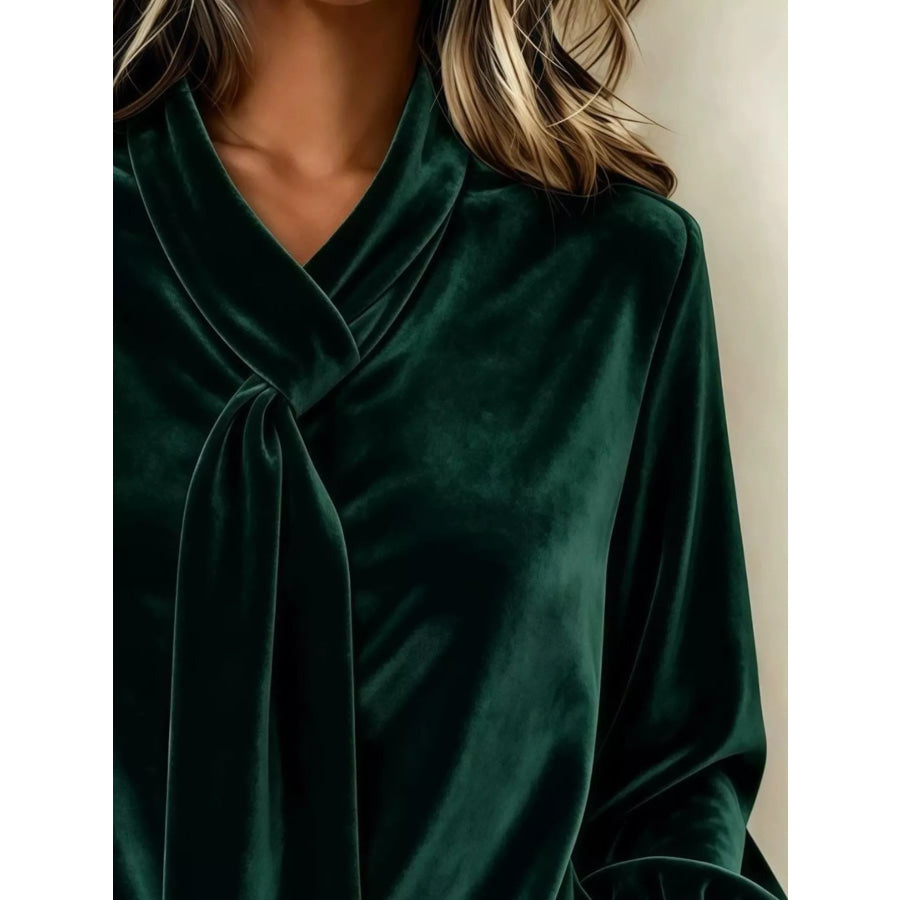 Full Size Velvet Tie-Neck Long Sleeve Top Plus Apparel and Accessories