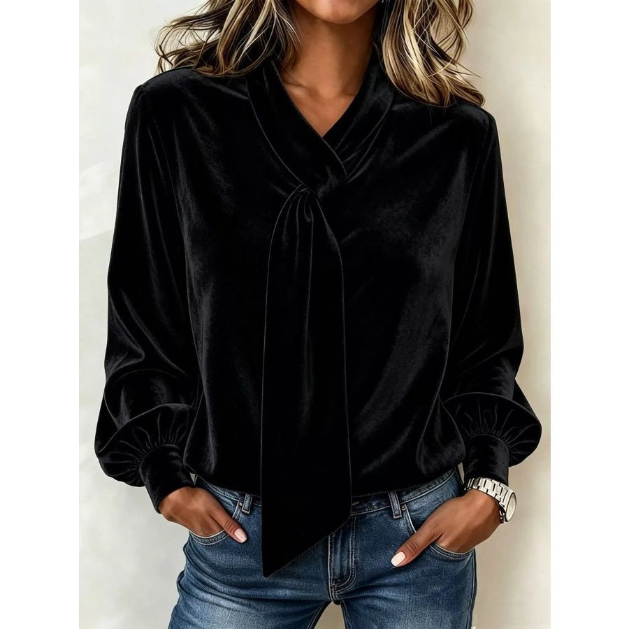 Full Size Velvet Tie-Neck Long Sleeve Top Plus Black / S Apparel and Accessories