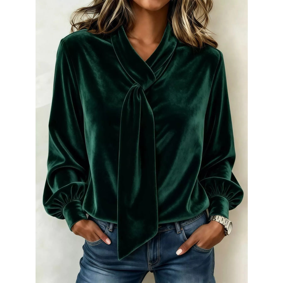 Full Size Velvet Tie-Neck Long Sleeve Top Plus Green / S Apparel and Accessories