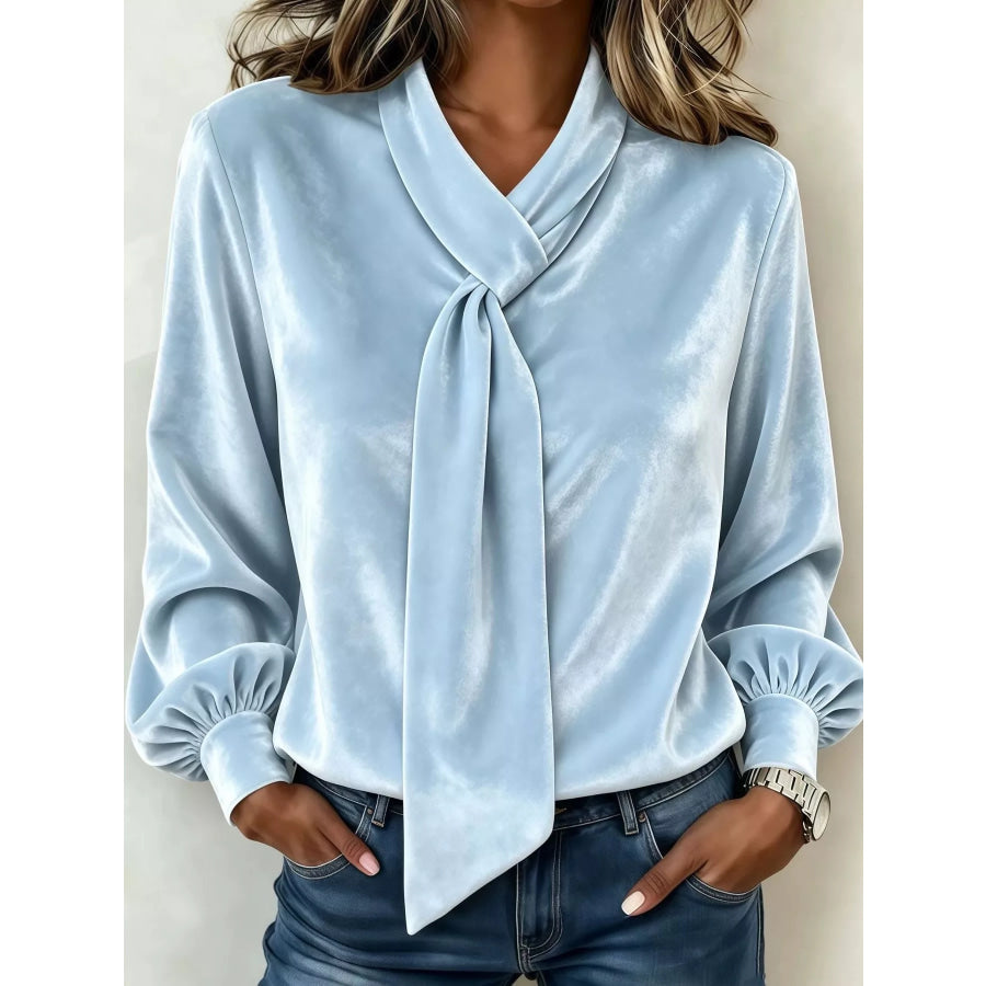 Full Size Velvet Tie-Neck Long Sleeve Top Plus Light Blue / S Apparel and Accessories