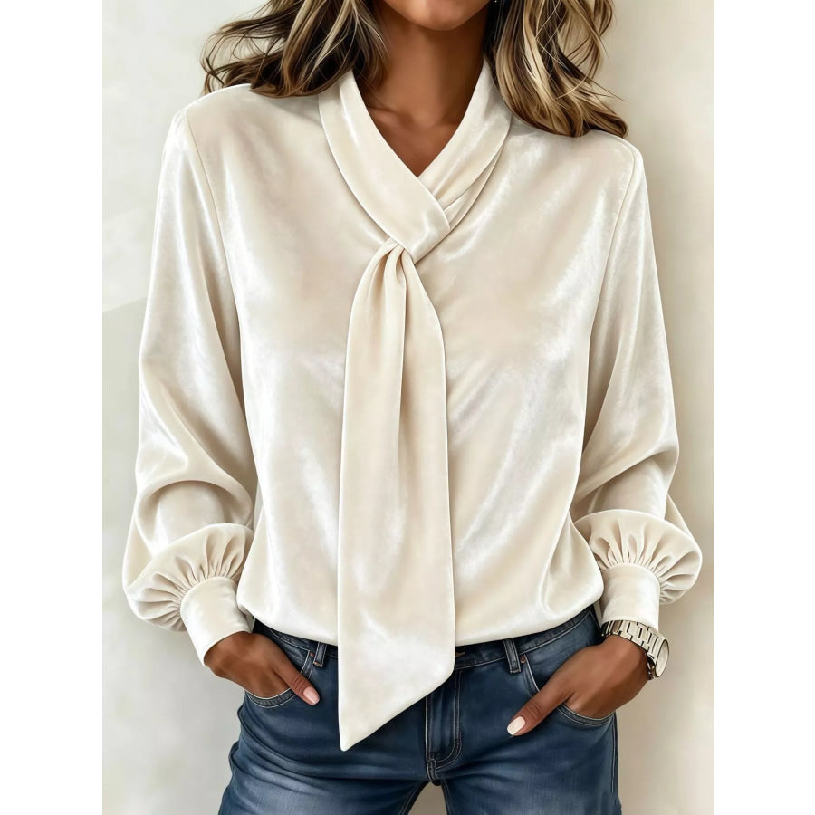 Full Size Velvet Tie-Neck Long Sleeve Top Plus White / S Apparel and Accessories