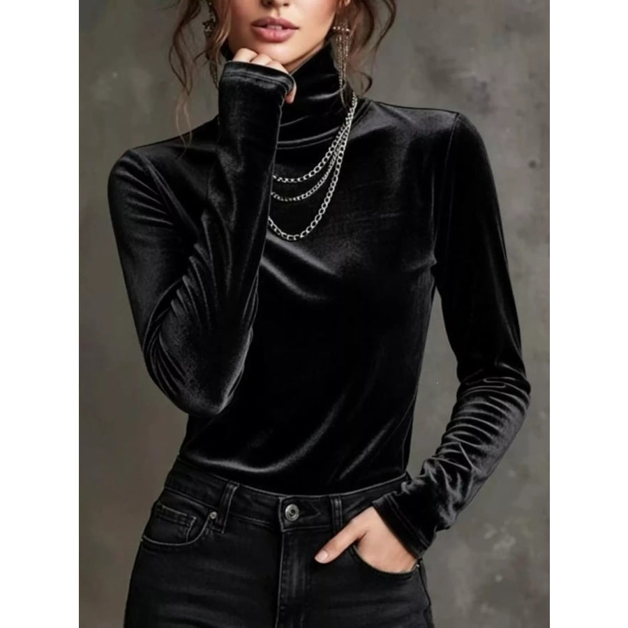 Full Size Velvet Turtleneck Long Sleeve T-Shirt Plus Size Black / XS Apparel and Accessories