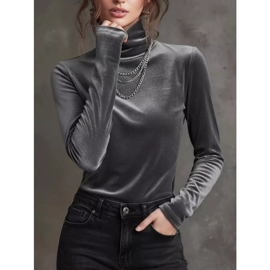 Full Size Velvet Turtleneck Long Sleeve T-Shirt Plus Size Gray / XS Apparel and Accessories