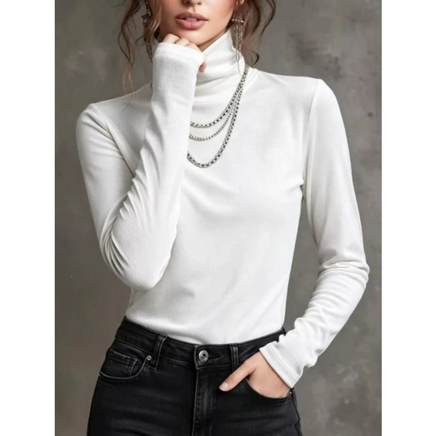 Full Size Velvet Turtleneck Long Sleeve T-Shirt Plus Size White / XS Apparel and Accessories