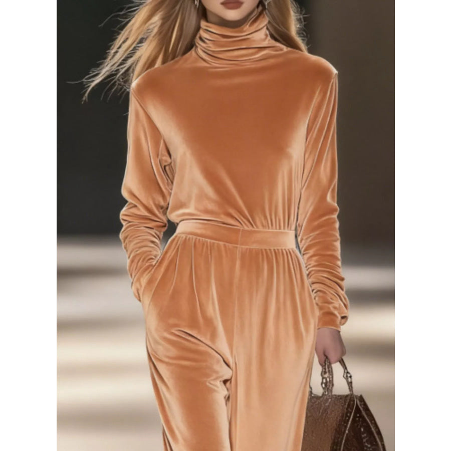 Full Size Velvet Turtleneck Long Sleeve Top and Wide-Leg Pants Set Plus Apparel Accessories