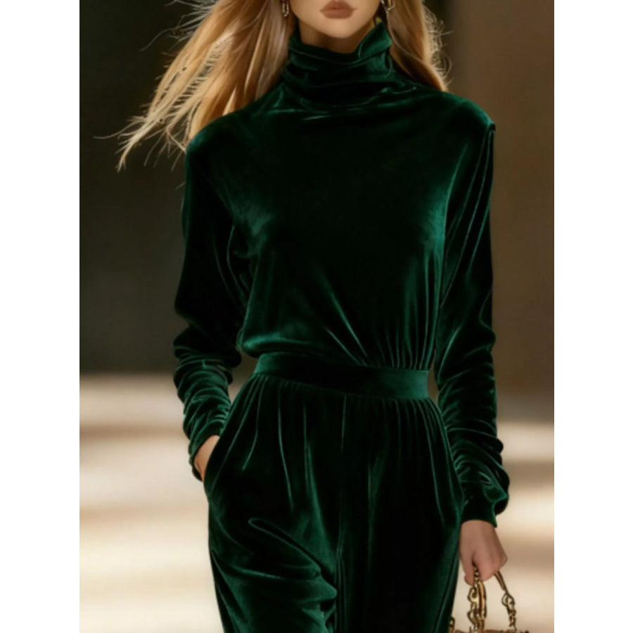 Full Size Velvet Turtleneck Long Sleeve Top and Wide-Leg Pants Set Plus Apparel Accessories