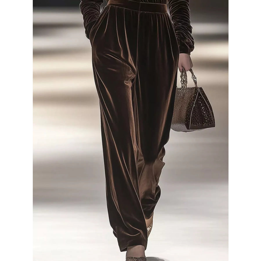 Full Size Velvet Turtleneck Long Sleeve Top and Wide-Leg Pants Set Plus Apparel Accessories