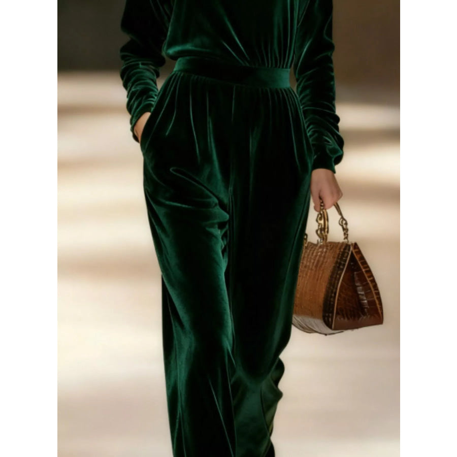 Full Size Velvet Turtleneck Long Sleeve Top and Wide-Leg Pants Set Plus Apparel Accessories