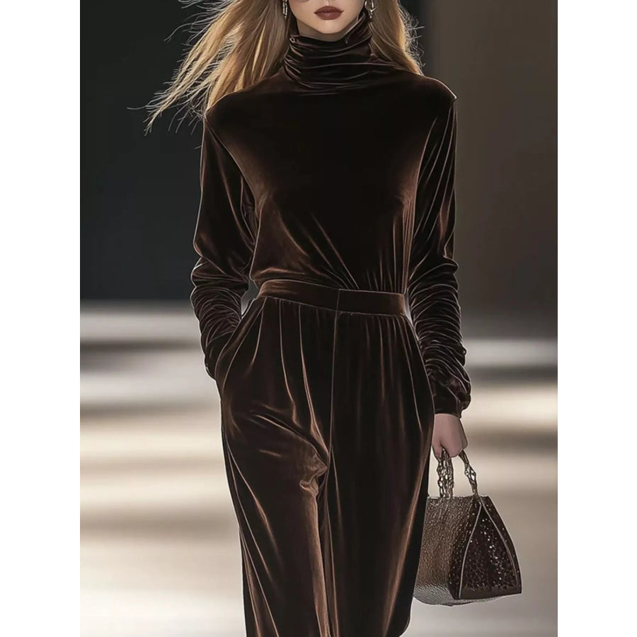 Full Size Velvet Turtleneck Long Sleeve Top and Wide-Leg Pants Set Plus Apparel Accessories