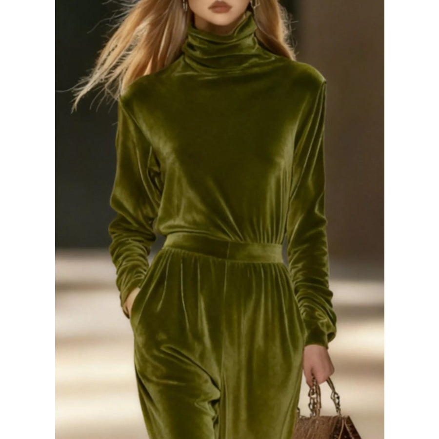 Full Size Velvet Turtleneck Long Sleeve Top and Wide-Leg Pants Set Plus Apparel Accessories