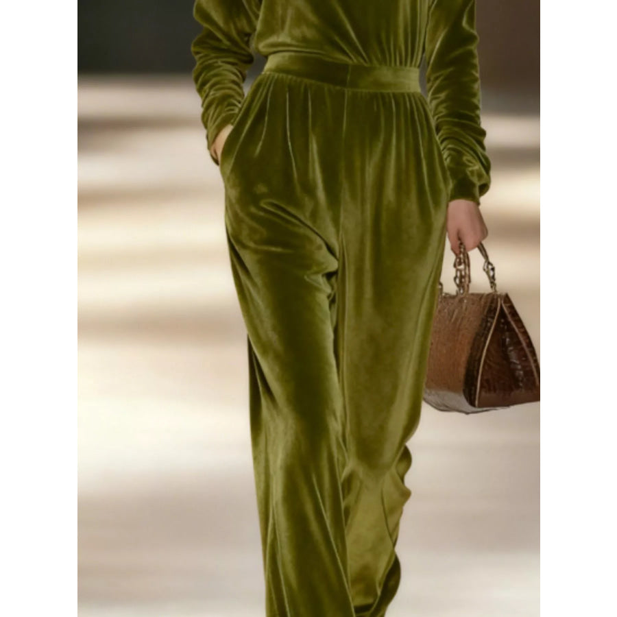 Full Size Velvet Turtleneck Long Sleeve Top and Wide-Leg Pants Set Plus Apparel Accessories