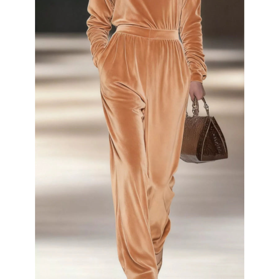 Full Size Velvet Turtleneck Long Sleeve Top and Wide-Leg Pants Set Plus Apparel Accessories
