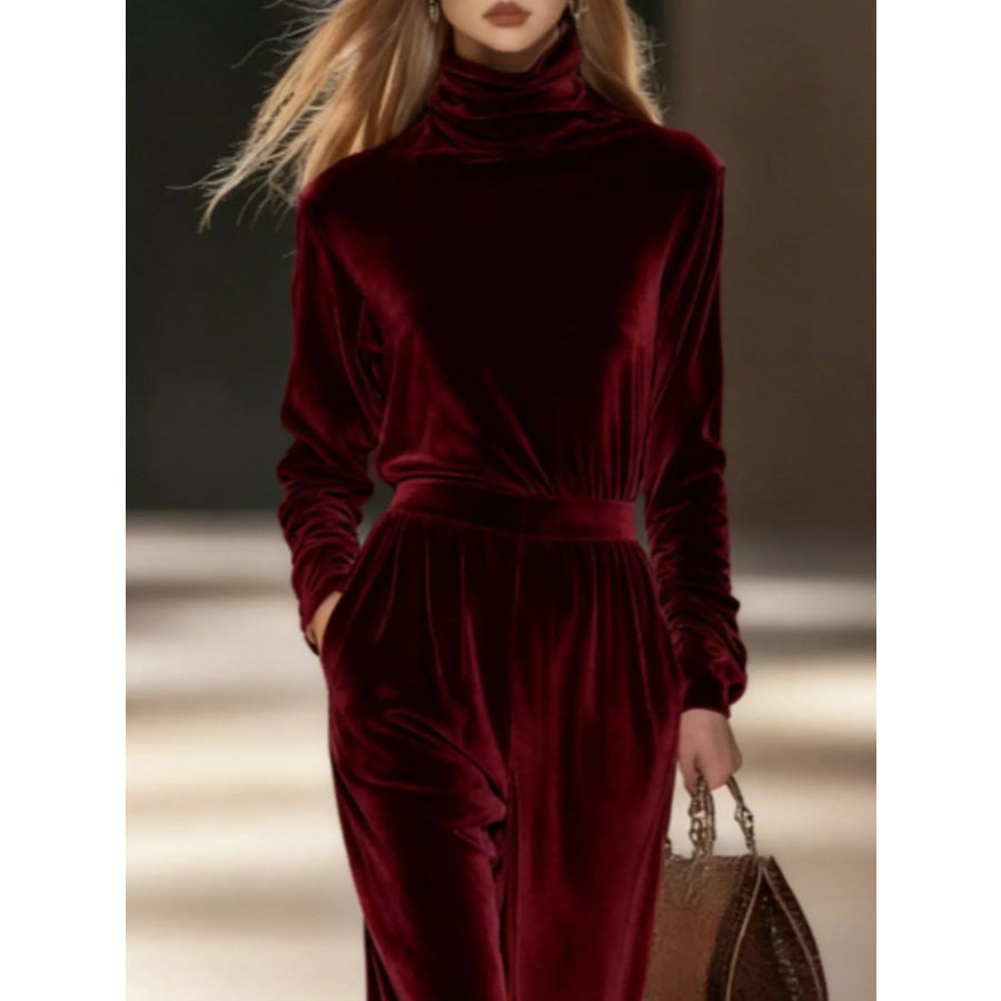 Full Size Velvet Turtleneck Long Sleeve Top and Wide-Leg Pants Set Plus Apparel Accessories