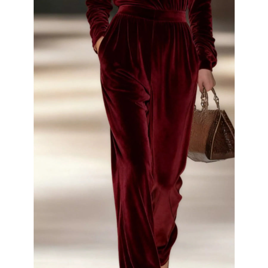 Full Size Velvet Turtleneck Long Sleeve Top and Wide-Leg Pants Set Plus Apparel Accessories