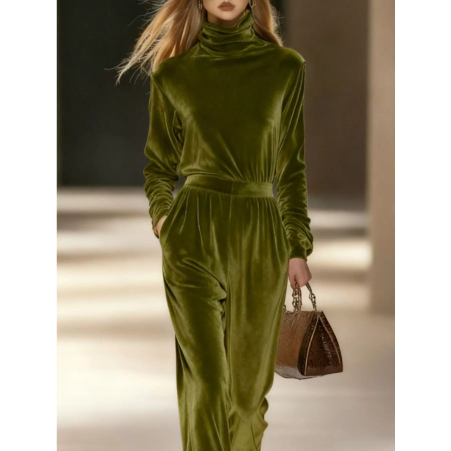 Full Size Velvet Turtleneck Long Sleeve Top and Wide-Leg Pants Set Plus Green / S Apparel Accessories