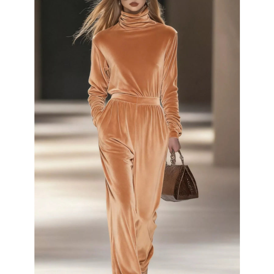 Full Size Velvet Turtleneck Long Sleeve Top and Wide-Leg Pants Set Plus Khaki / S Apparel Accessories