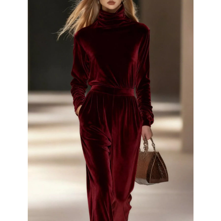 Full Size Velvet Turtleneck Long Sleeve Top and Wide-Leg Pants Set Plus Wine Red / S Apparel Accessories