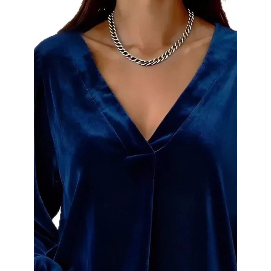 Full Size Velvet V-Neck Balloon Sleeve Blouse Plus Size Apparel and Accessories