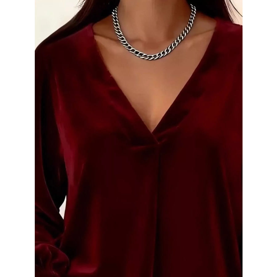 Full Size Velvet V-Neck Balloon Sleeve Blouse Plus Size Apparel and Accessories