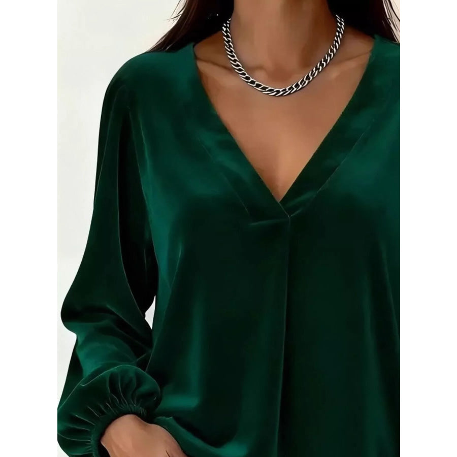 Full Size Velvet V-Neck Balloon Sleeve Blouse Plus Size Apparel and Accessories