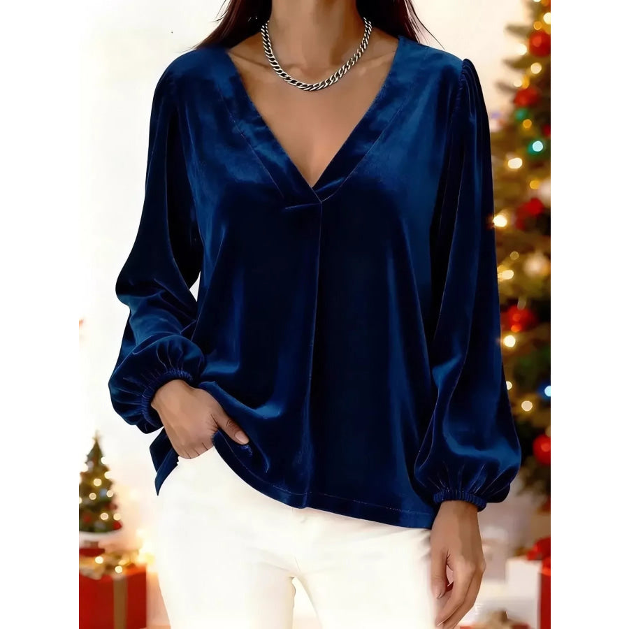 Full Size Velvet V-Neck Balloon Sleeve Blouse Plus Size Blue / S Apparel and Accessories