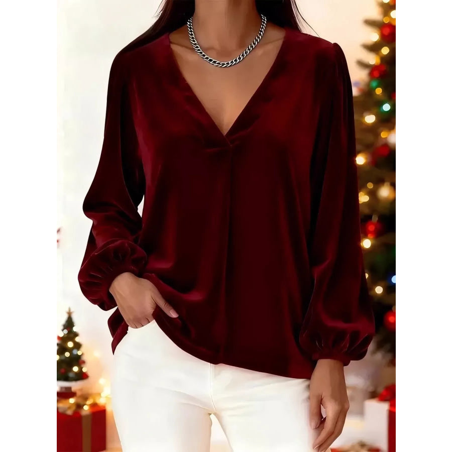 Full Size Velvet V-Neck Balloon Sleeve Blouse Plus Size Burgundy / S Apparel and Accessories