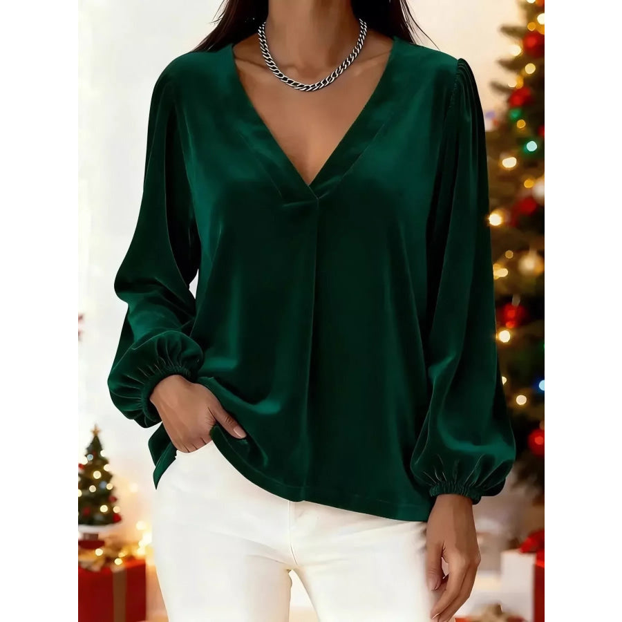 Full Size Velvet V-Neck Balloon Sleeve Blouse Plus Size Green / S Apparel and Accessories
