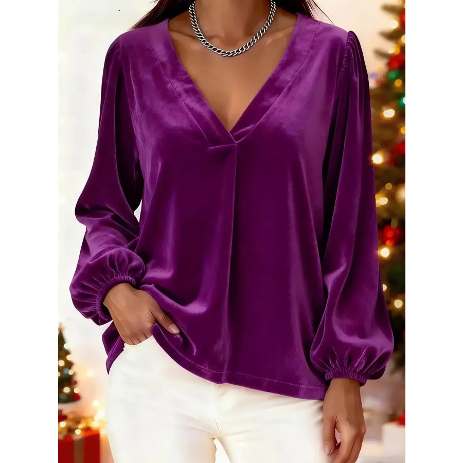 Full Size Velvet V-Neck Balloon Sleeve Blouse Plus Size Purple / S Apparel and Accessories