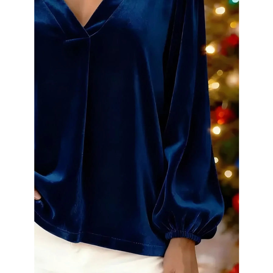 Full Size Velvet V-Neck Long Sleeve Blouse Plus Size Apparel and Accessories