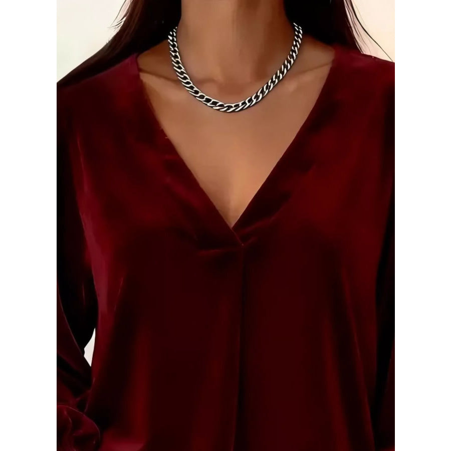 Full Size Velvet V-Neck Long Sleeve Blouse Plus Size Apparel and Accessories