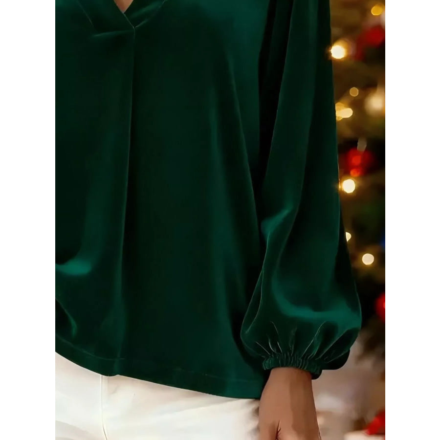 Full Size Velvet V-Neck Long Sleeve Blouse Plus Size Apparel and Accessories