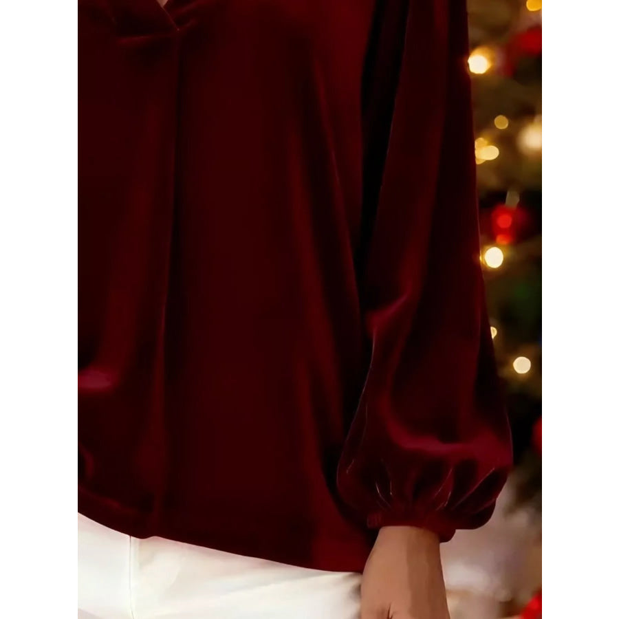 Full Size Velvet V-Neck Long Sleeve Blouse Plus Size Apparel and Accessories