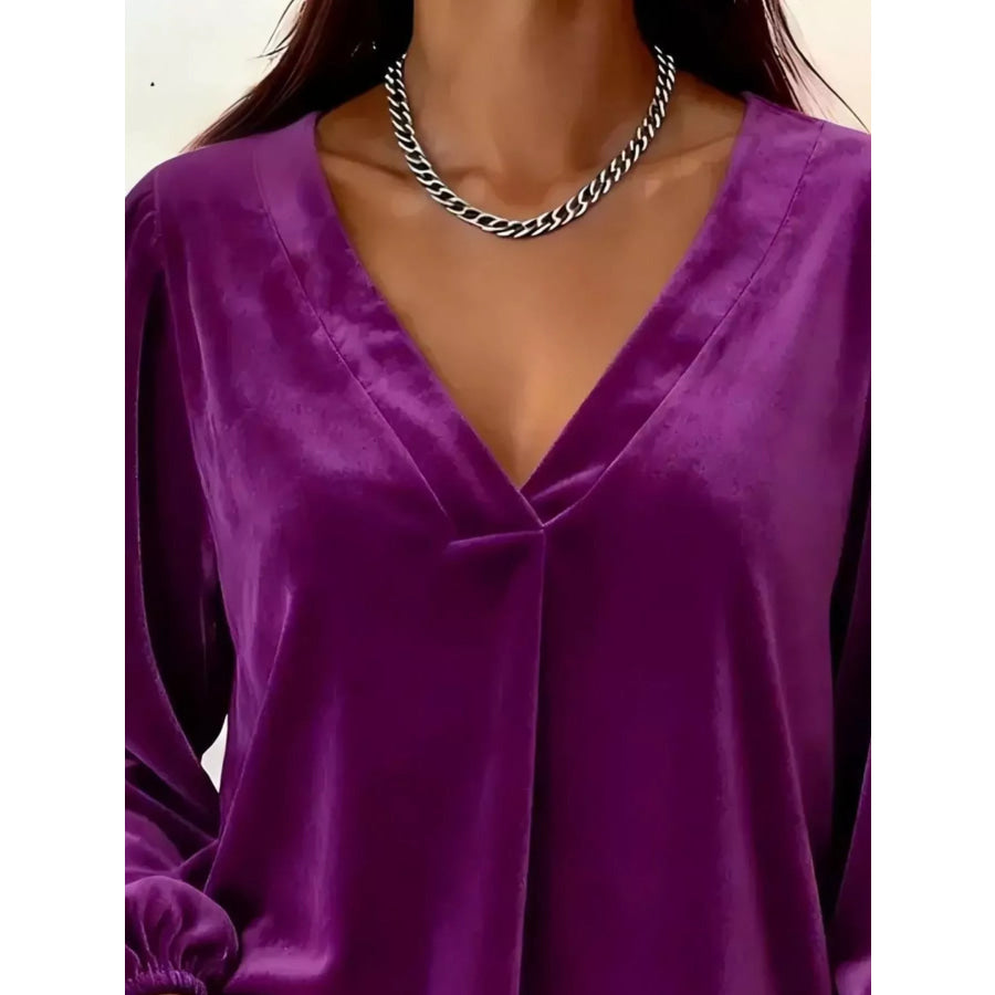 Full Size Velvet V-Neck Long Sleeve Blouse Plus Size Apparel and Accessories