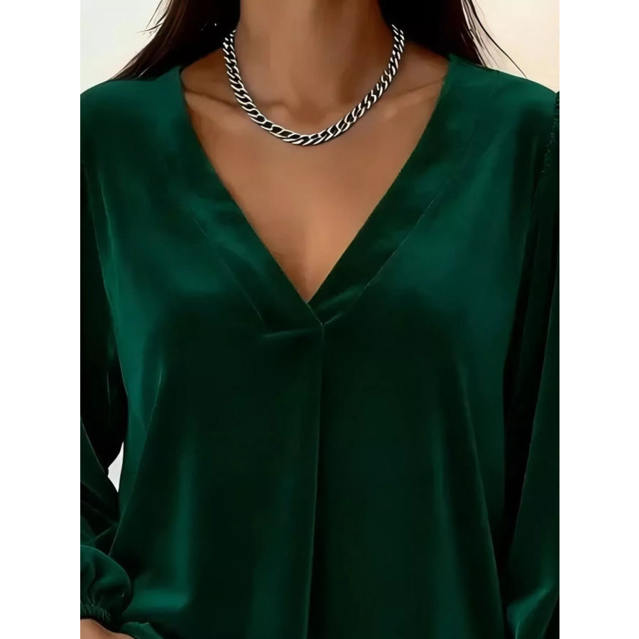 Full Size Velvet V-Neck Long Sleeve Blouse Plus Size Apparel and Accessories