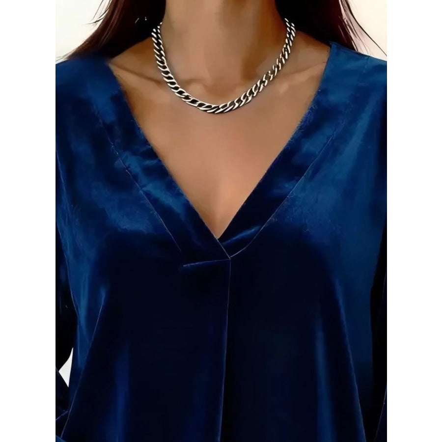 Full Size Velvet V-Neck Long Sleeve Blouse Plus Size Apparel and Accessories