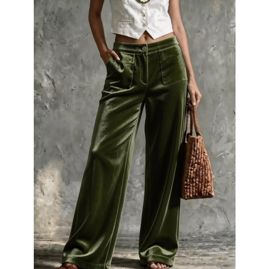 Full Size Velvet Wide-Leg Pants Plus Army Green / S Apparel and Accessories