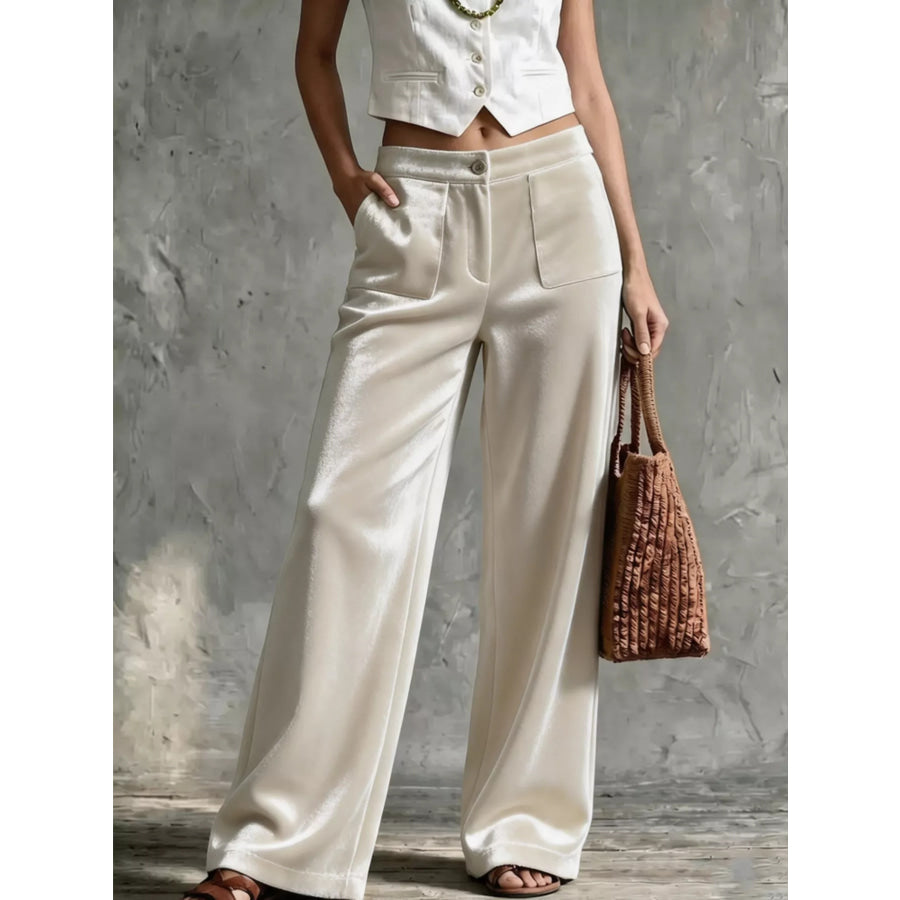 Full Size Velvet Wide-Leg Pants Plus Beige / S Apparel and Accessories